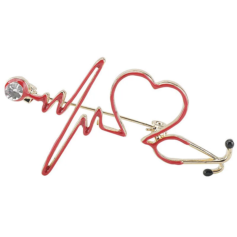 Fashion Heart Beating Line Nurse Pins Stethoscope Doctor Medical Brooch Red Enamel Copper Material Brooches For Women Gift