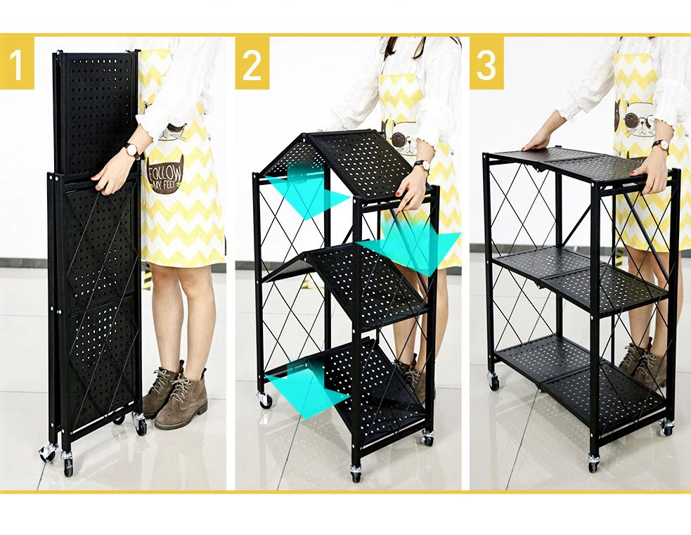 General Purpose Collapsible/Foldable Shelving Unit, Small Rack with Wheels | Organizer, Rolling Cart, Home Kitchen Metal Wire