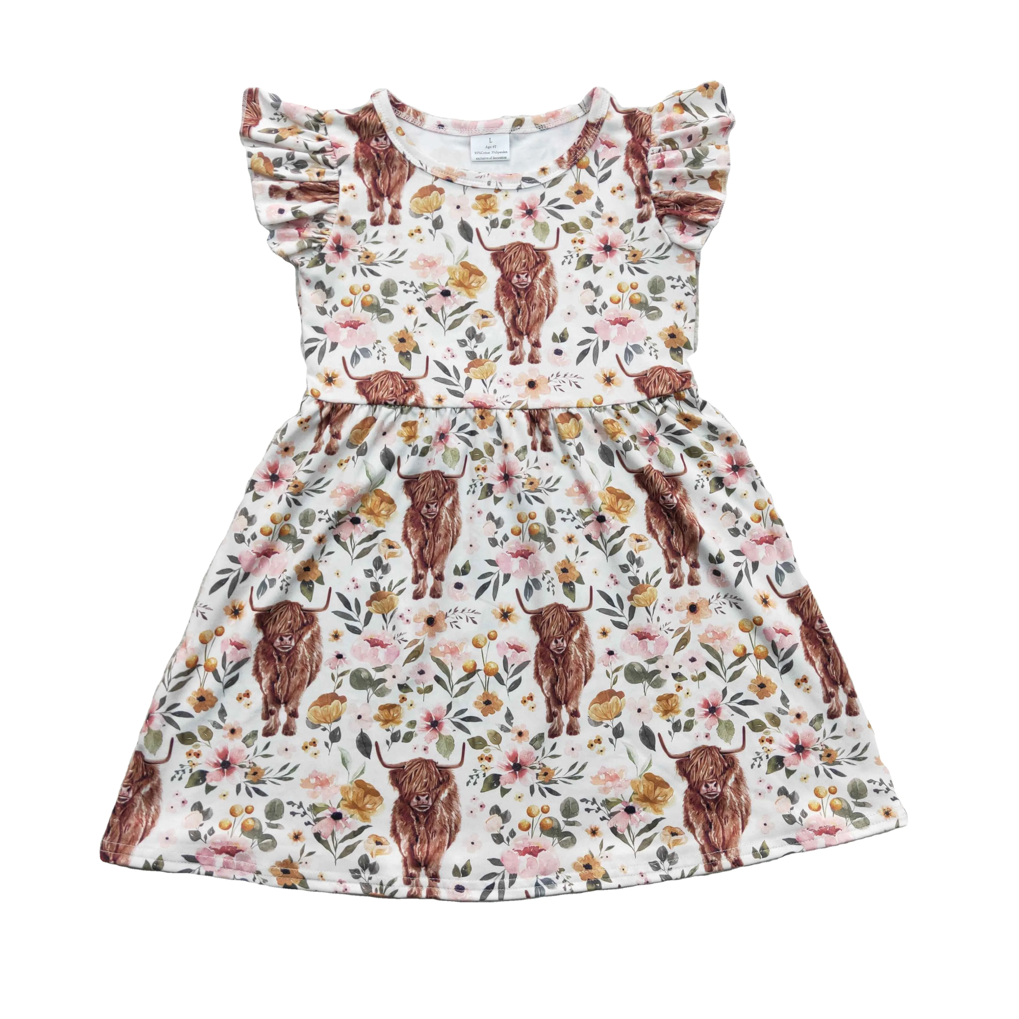 Highland cow flutter baby kids floral dress clothes boutique wholesale hot selling