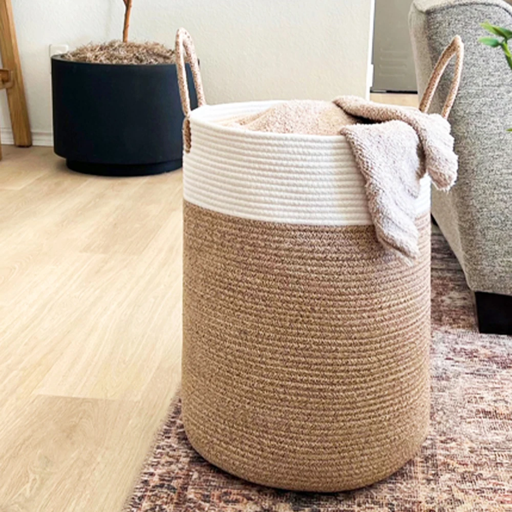 Foldable New Style Large Cotton Rope Woven Laundry Storage Basket With Long Handles