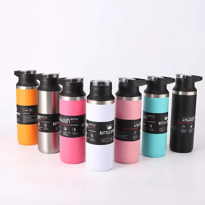 Wholesale 500ml 17oz Powder Coating Double Wall Stainless Steel Flask Sports Hiking Travel Thermos Water Bottle With Lid  Handle