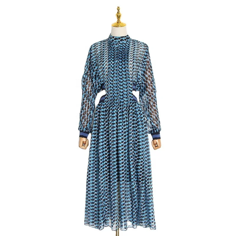 
CHICEVER Summer Print Dress For Women Stand Collar Long Sleeve High Waist Hollow Out Midi 