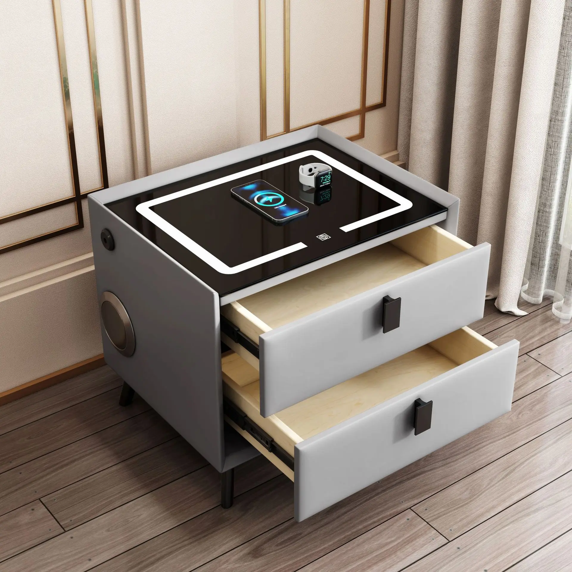 Современная минималистская интеллектуальная умная прикроватная тумбочка с двумя выдвижными беспроводными зарядками, трехцветная светлая USB-колонка с Bluetooth