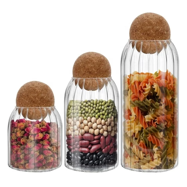 Kitchen Ribbed High Borosilicate Glass Food Storage Jar with Cork Ball Stopper Lid Container Jars Set for Coffee Tea Spice
