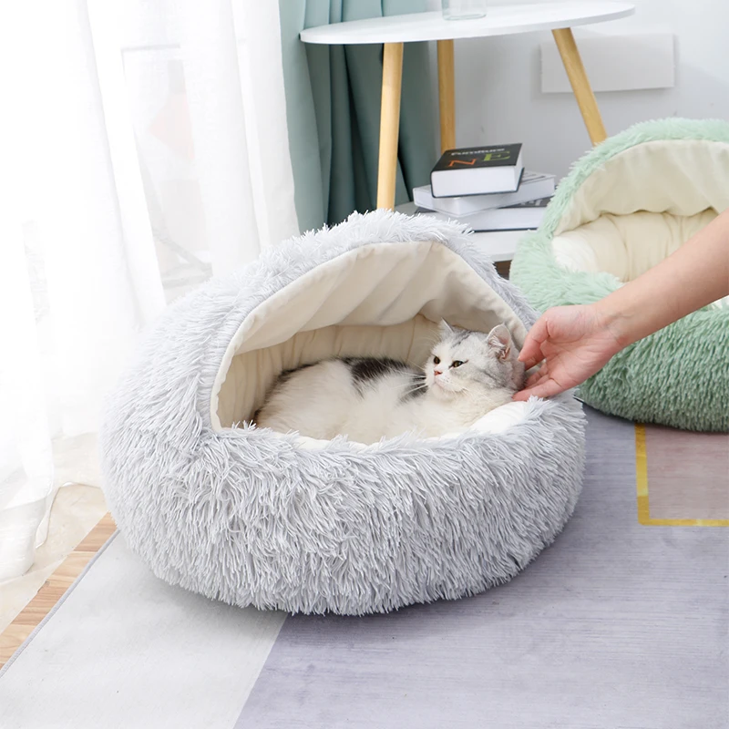 Wholesale Price Winter Warm Dog Shell Nest Soft Luxury Plush Multi Colors Pet Cat Cushion Bed Round Cat Dog Cave Hood Bed