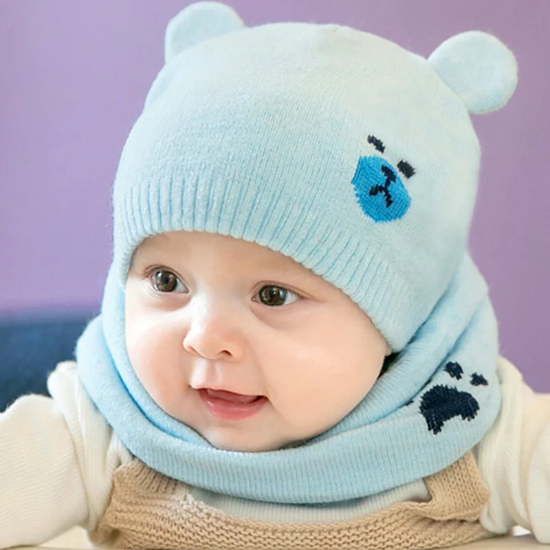 Fashion Cute Winter Baby Scarf and Baby Caps set Winter warm Knitted Hat for baby boys and girls
