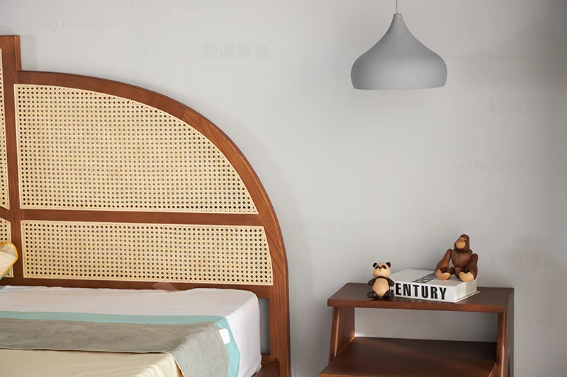 Modern Nordic Bedroom Furniture Solid Wood Bed Wooden Frame Bed Woven Rattan Cane Double 1.5m 1.8m  Bed