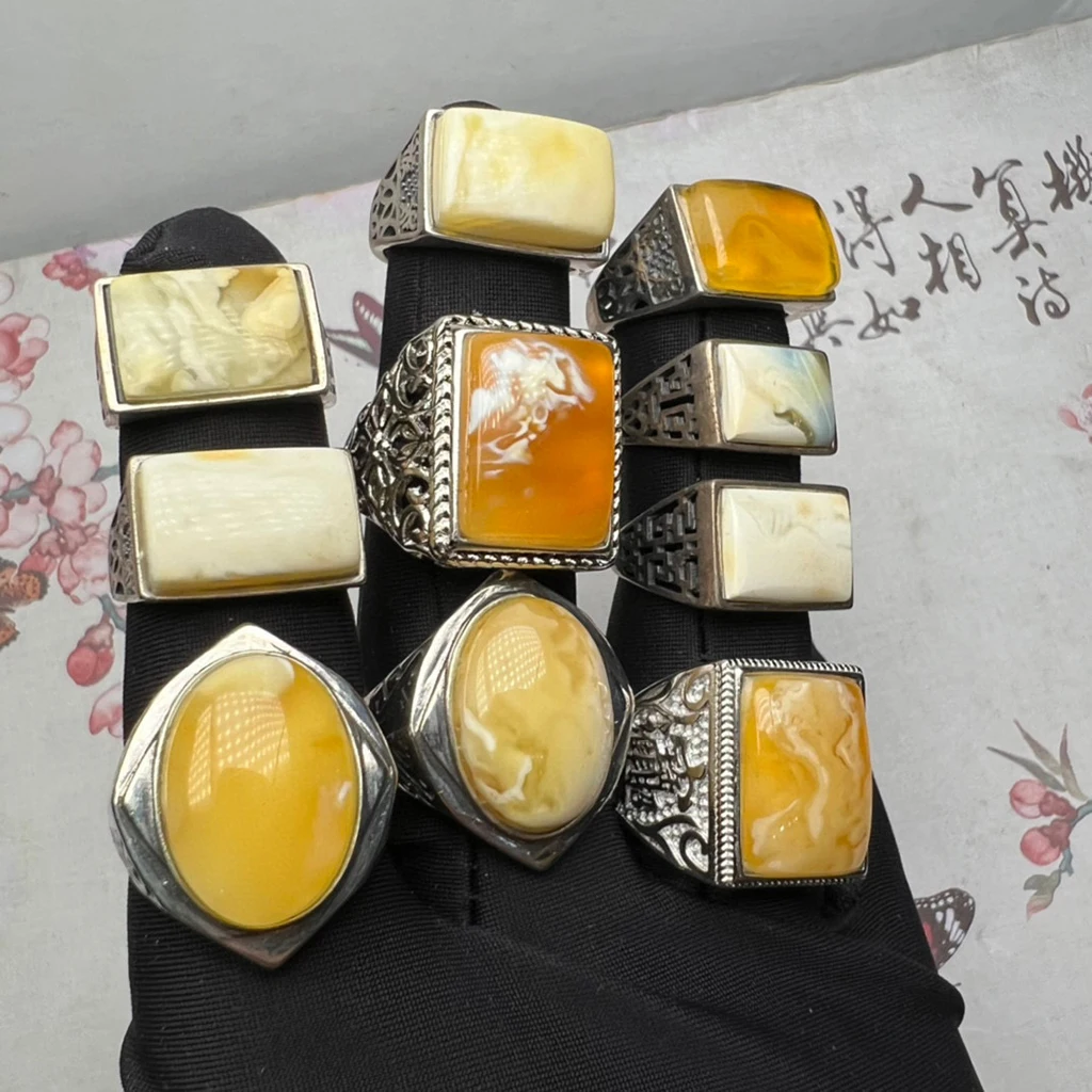 Amber jewelry Natural Baltic Russian amber stone polishing ring  inlay Golden white amber