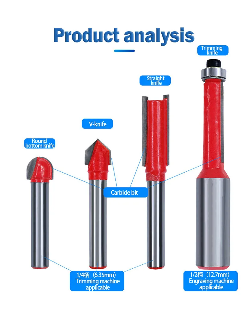 Qiye 1/4' 5/16' 3/8' 1/2' Inch Shank carbide wooded cutters cnc router bits for wood lathe turning tools
