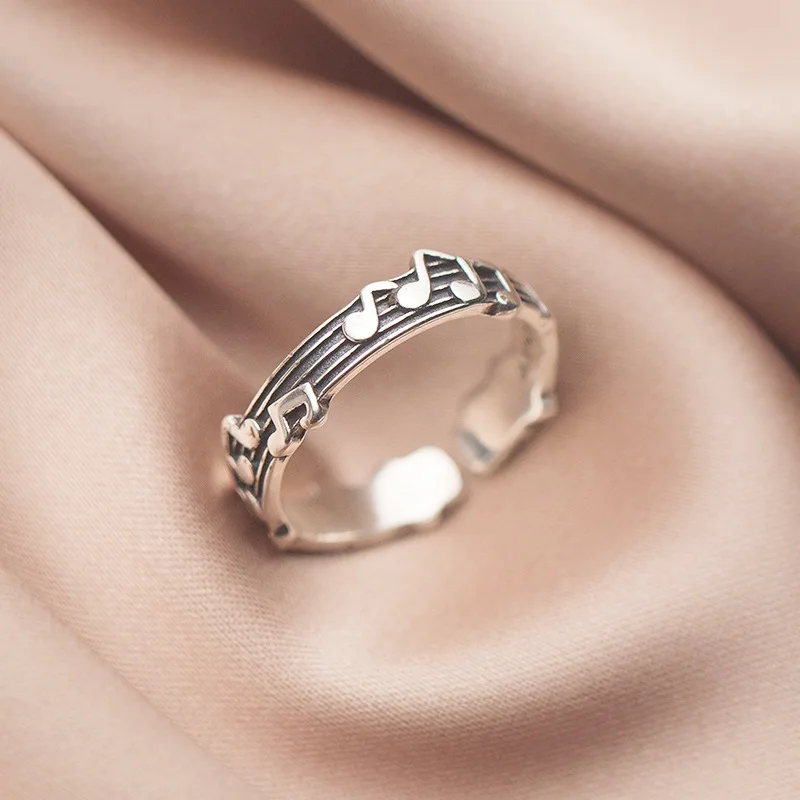Rinhoo Vintage Thai Silver Note Five-line Music Score Ring for Women Girls Fashion Party Accessories Trend New Jewelry