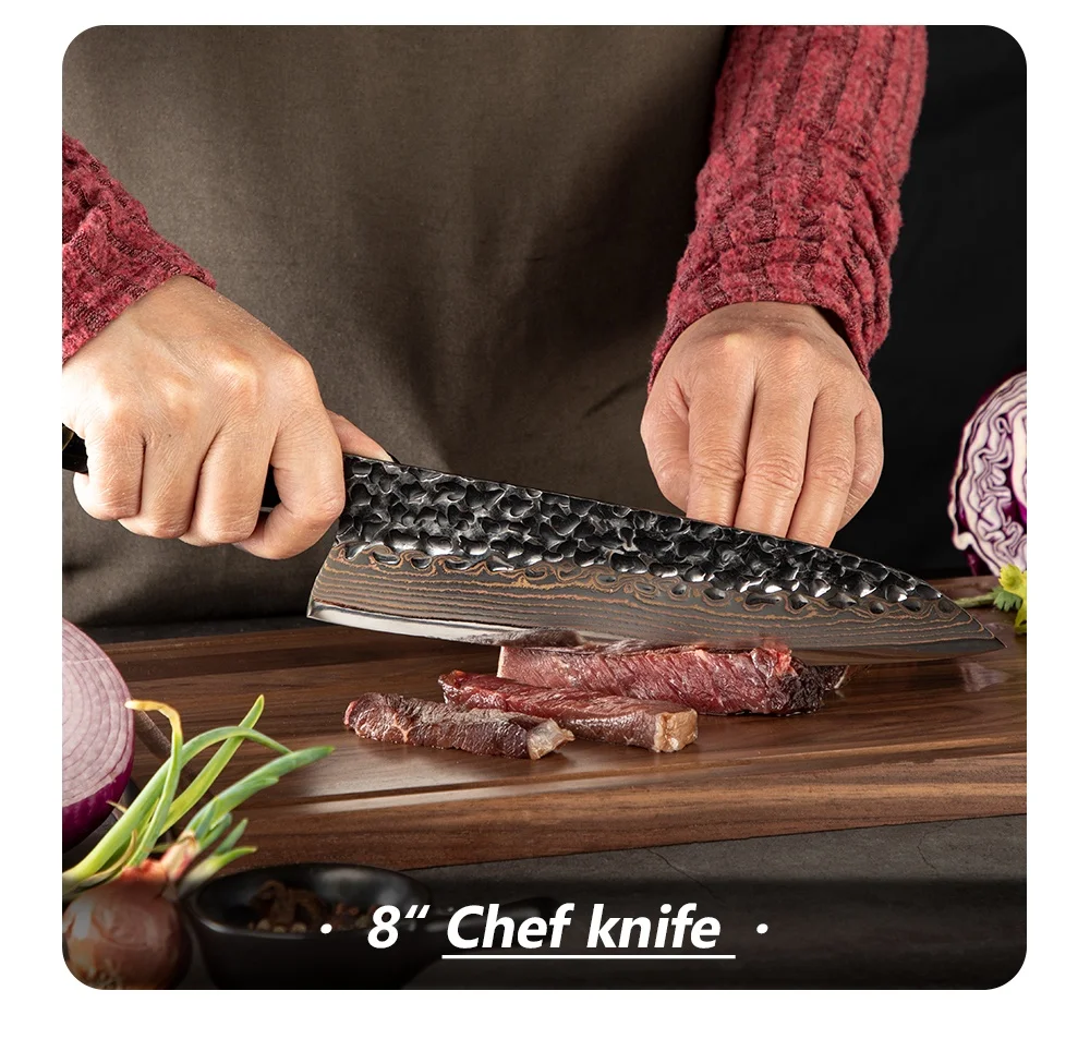 Amber Epoxy Resin Handle VG10 Black Copper Japanese Damascus Steel Chef Knife of Custom Logo