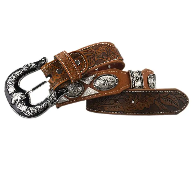 Mens Western Belt Cowboy Country Concho Leather Belt for Jeans Pants Rodeo