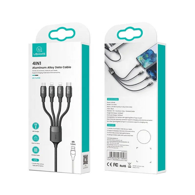 USAMS 4 в 1 micro usb type c 3A Быстрая зарядка Мобильный телефон flex кабели для передачи данных оригинал