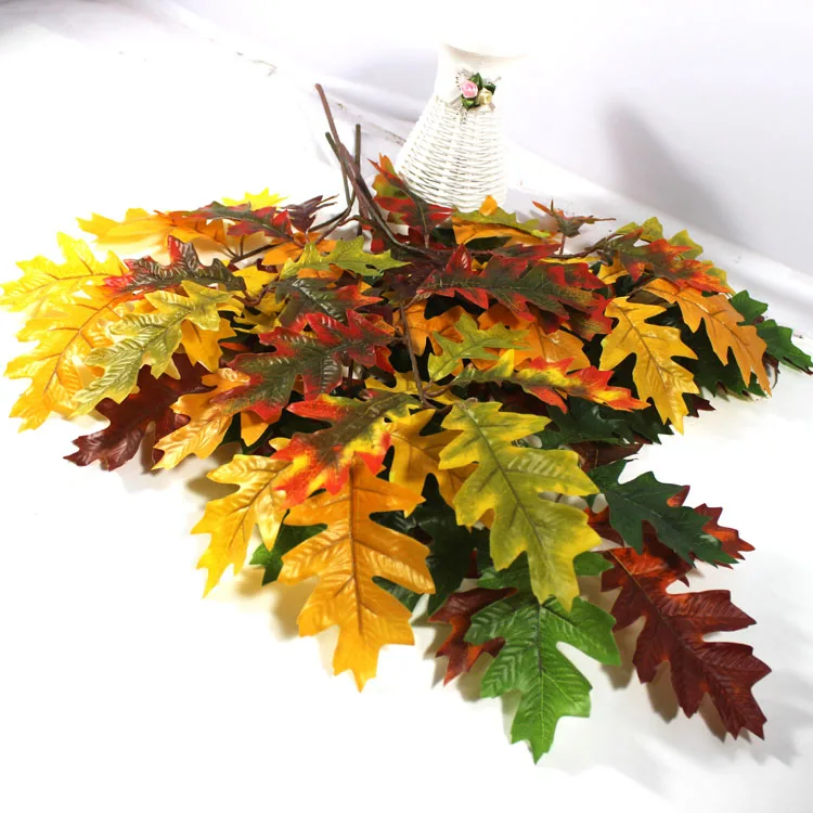 Artificial oak tree branches dual yellow green wine brown Tropical leaves christmas ornament amazon