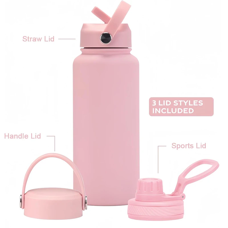 1L Insulated Water Bottle With Flip Straw 32OZ Stainless Steel Sports Water Cup Flask with 3 Lids Wide Mouth Travel Thermal Mug