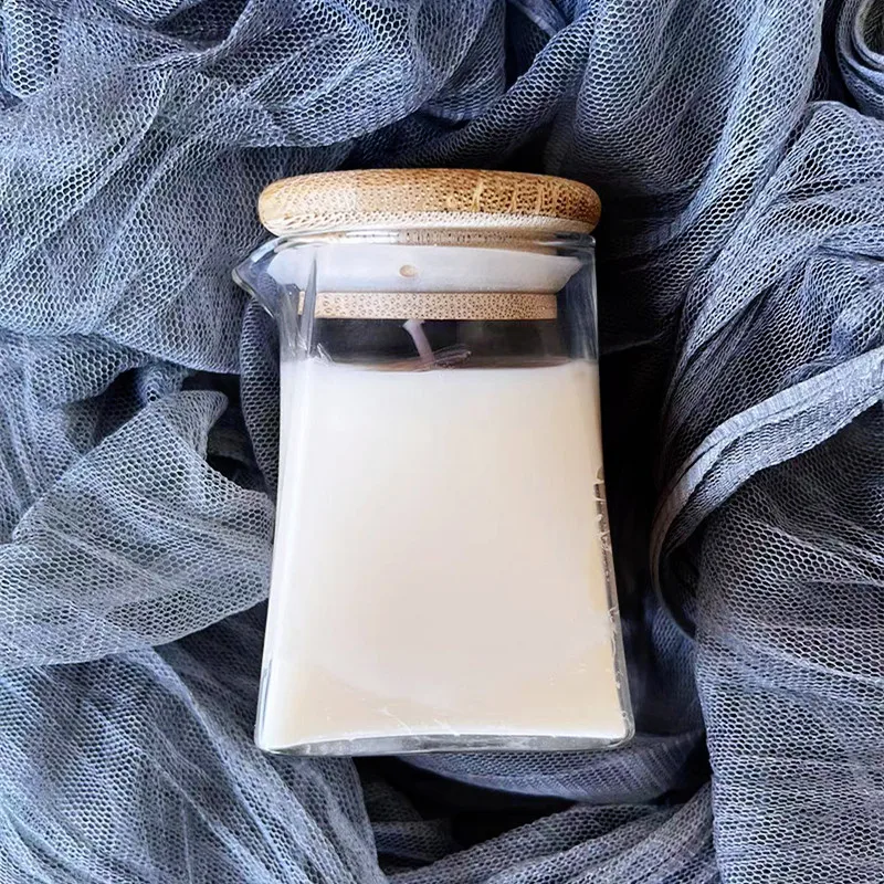 Custom Mini 4oz Clear Unique Trapezoid Empty body oil Balm glass candle containers massage candle jar with spout and lid