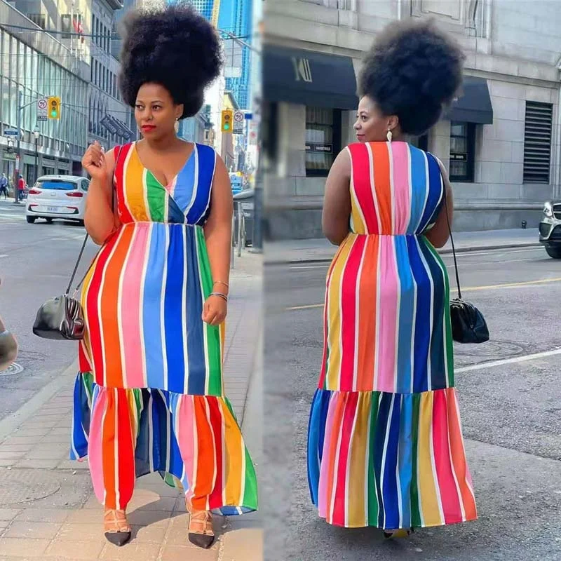 Summer Dresses Big Women Sleeveless Rainbow Stripe Print Outfits Maxi Dress Plus Size Women Long Dress With Belt