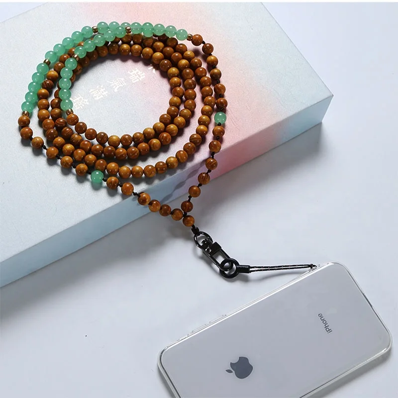 Trend 2021 Long wooden beads Mobile Phone Chain Green Agate phone body chain Accessories For Men And Women