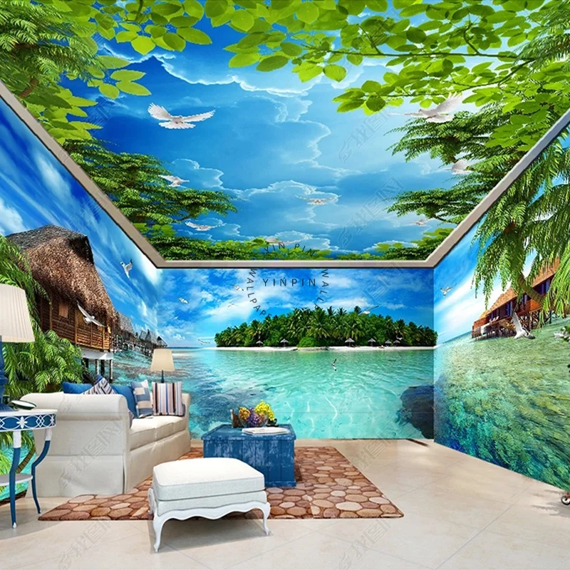 Ocean View Islands Adhesive Wall 3d Ceiling Wallpaper for Living Room