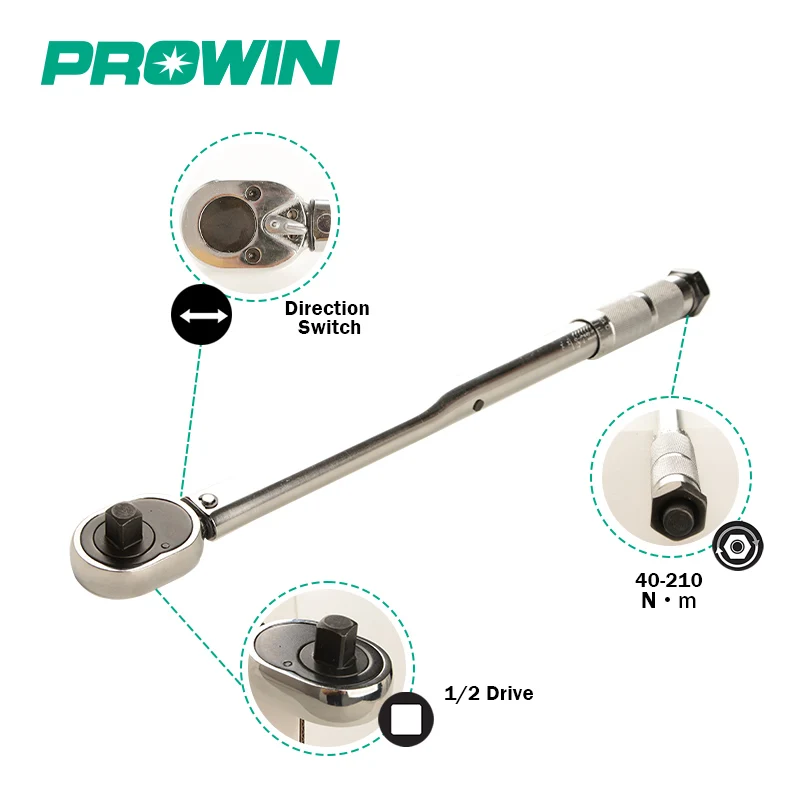 PROWIN Free Sample Quality Assurance Multi-functional 1/2Inch Drive 40-210N-m Ratchet Head Adjustable Torque Wrench