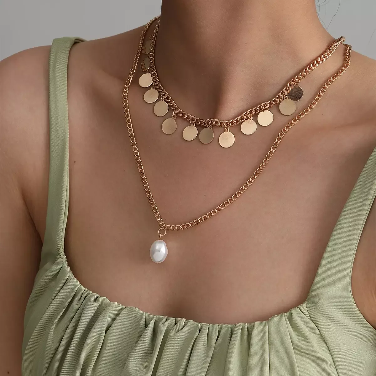 SHIXIN Gold Color Bling Bling Sequin Tassel Necklace Layered Chain Baroque Pearl Pendant Necklace for Women Wedding Jewelry