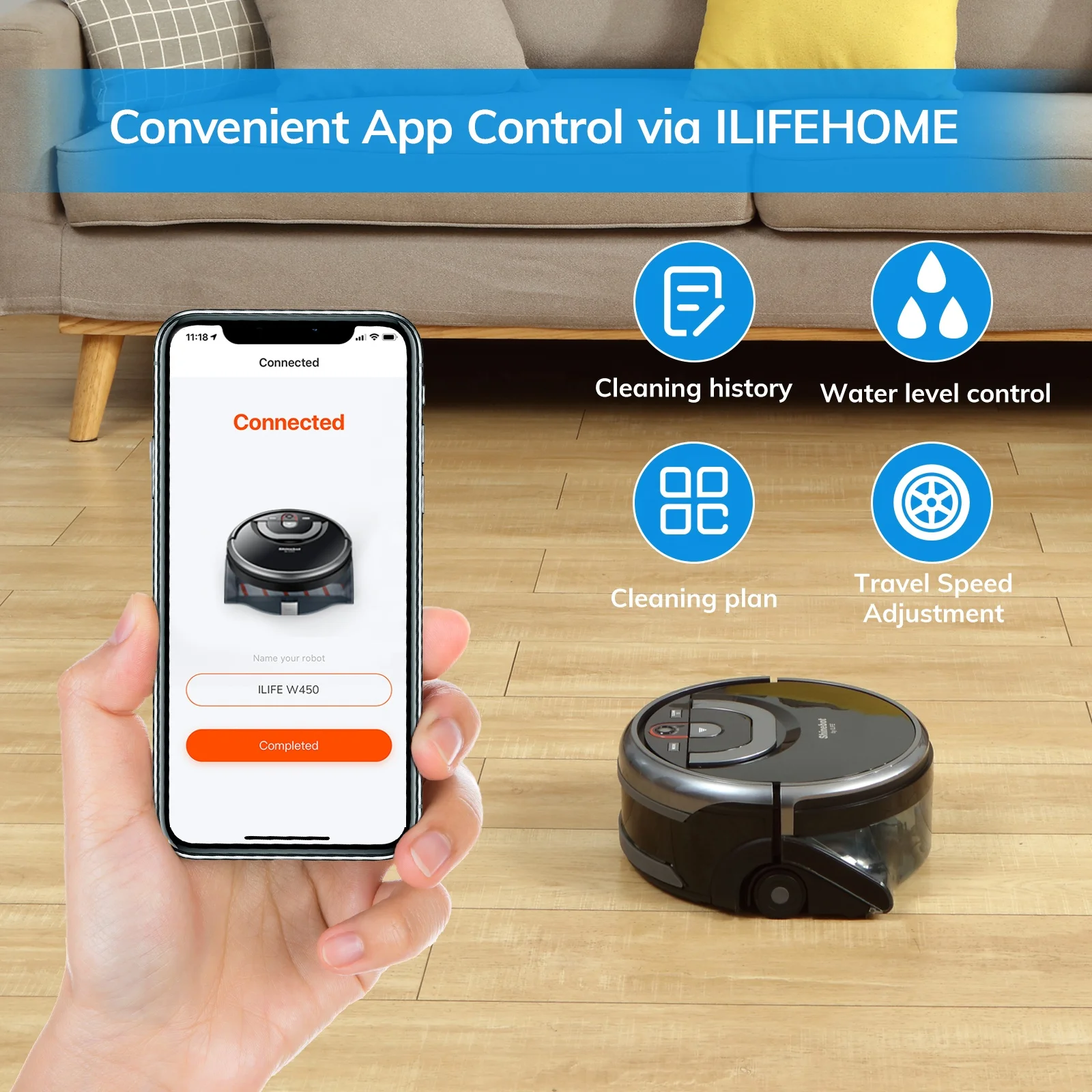 ILIFE Shinebot W450 Mopping Robot Cleaner Wet Scrubbing Floor Washing Wi-Fi Connected Alexa XL Water Tank Vacuum Cleaner Robot