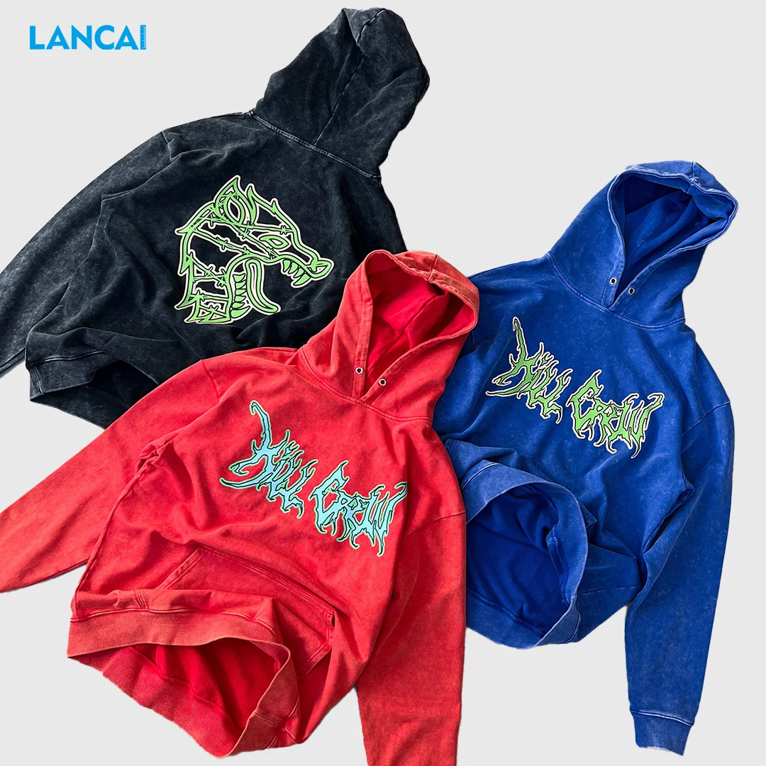 High Street Fashionable 100% Cotton French Terry Oversized Pullover dtg Printing Acid Washed Men Hoodies