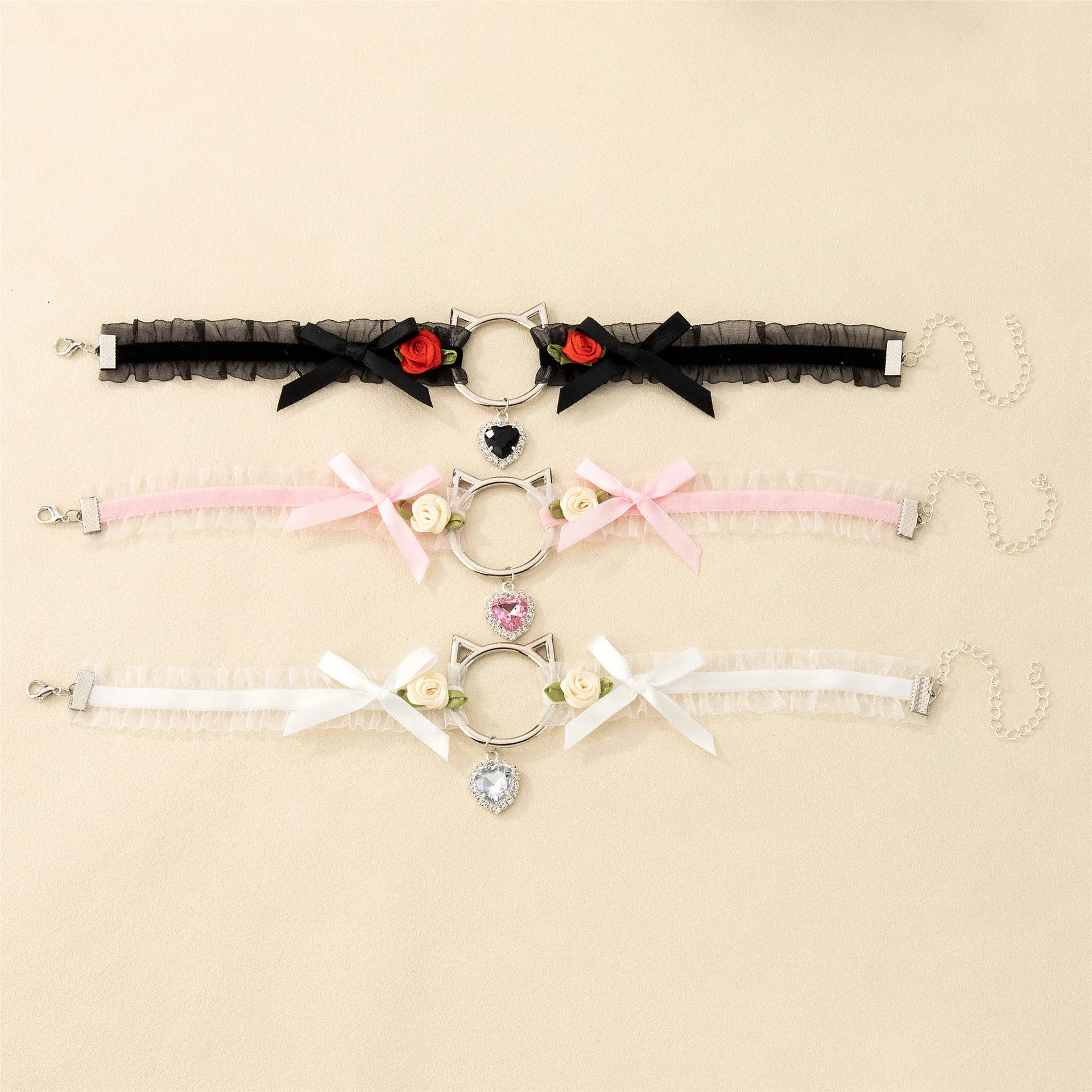 Whole Sale Women Sexy Lolita Cat Head Lace Choker Necklace Jewelry Bowknot Rhinestone Heart Pendent Choker Collar Necklace