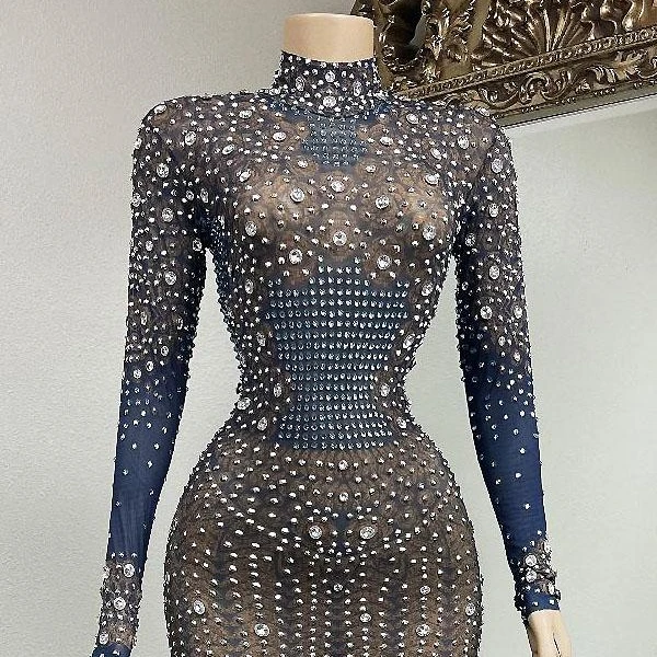 Clothing Manufacturer Custom Women Rose Print Blue Rhinestone Dresses Diamond Birthday Dress For Party