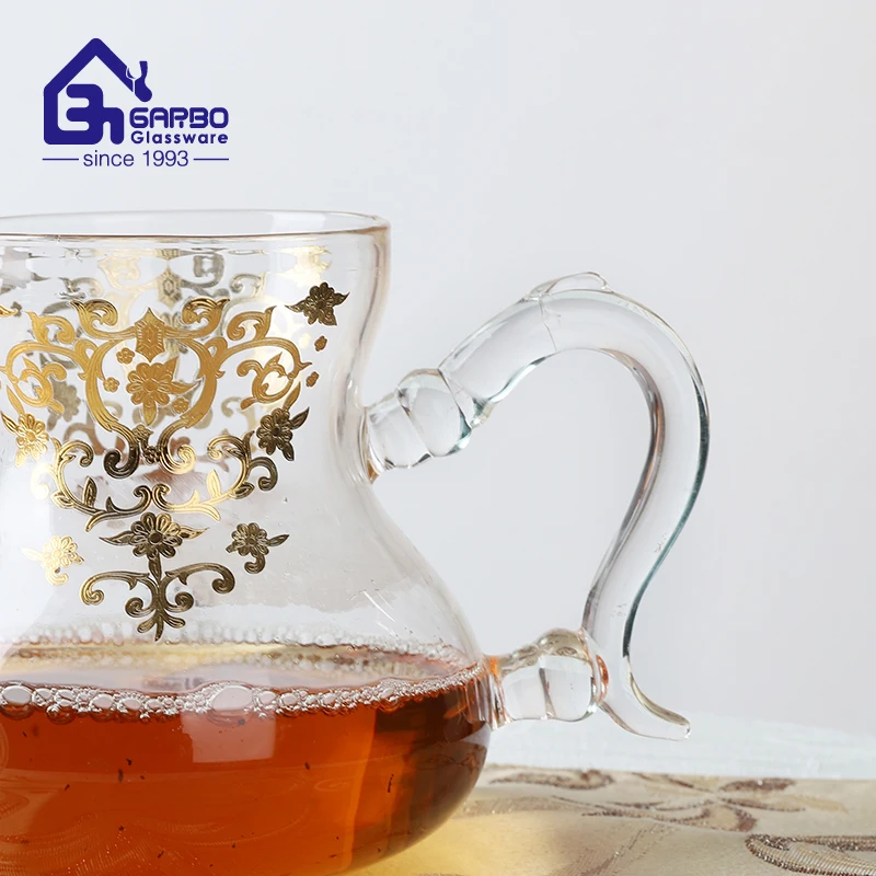 Top sales Morocco printed 130ml glass tea cup with silver&golden customized designs gold rim tea glass moroccan tea set