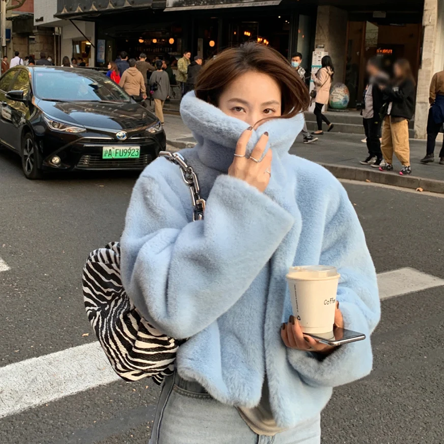 Korean Clothes  Women Winter Coats Cropped Top Faux Rabbit Fur Short Jacket Plus Size Fur Coat For Women