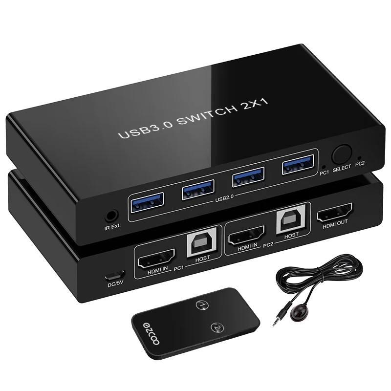 4k@30 hdmi kvm switch 2x1 support button and IR remote control supports USB2.0 3D 24/30/36 bit deep color