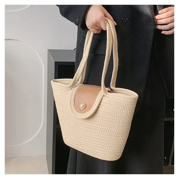 2024 Travel Beach Woven Handbag Woven Basket Tote Shoulder Bag Cotton Rope Crochet Knit Macrame Bag bucket storage beach bag