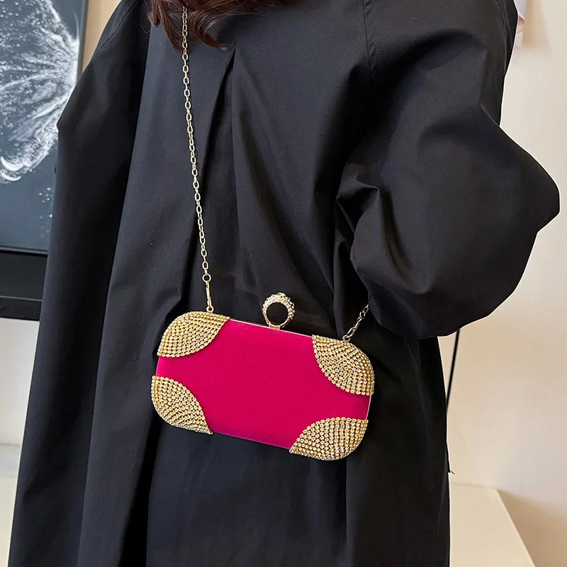 fashion retro party dinner evening bags women handbag single shoulder hand luxury rhinestone suede chain crossbody bag