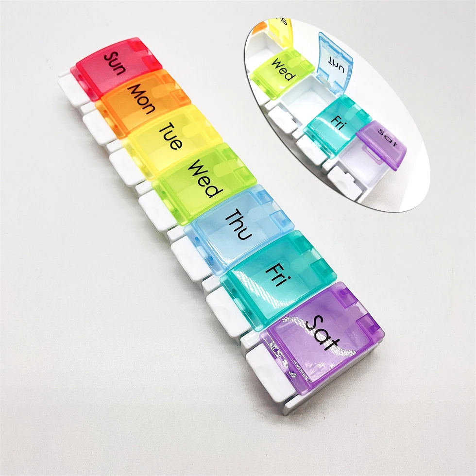 factory plastic rainbow 7 day travel pill box weekly BPA free factory custom language Germany Russian vitamin organizer
