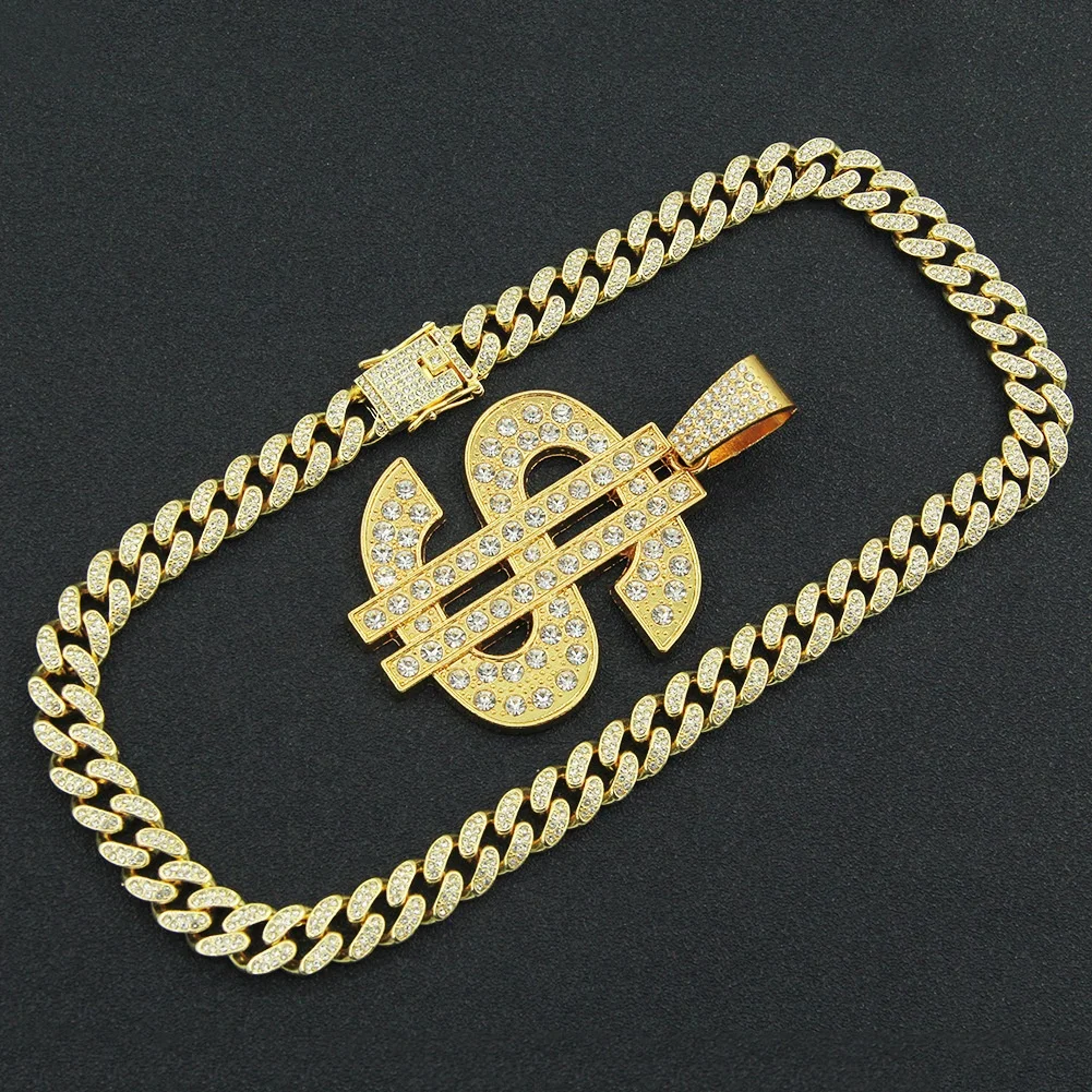 Iced Out Big Cuban Chain Jewelry Hip Hop Alloy With Rhinestone USD Dollar Symbol Pendant Necklace