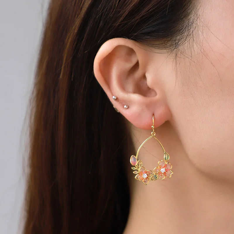 Wholesale Women Lady Chinese Style Elegant Copper Real Gold Plated oil dripping pink flower earrings enamel flower earrings