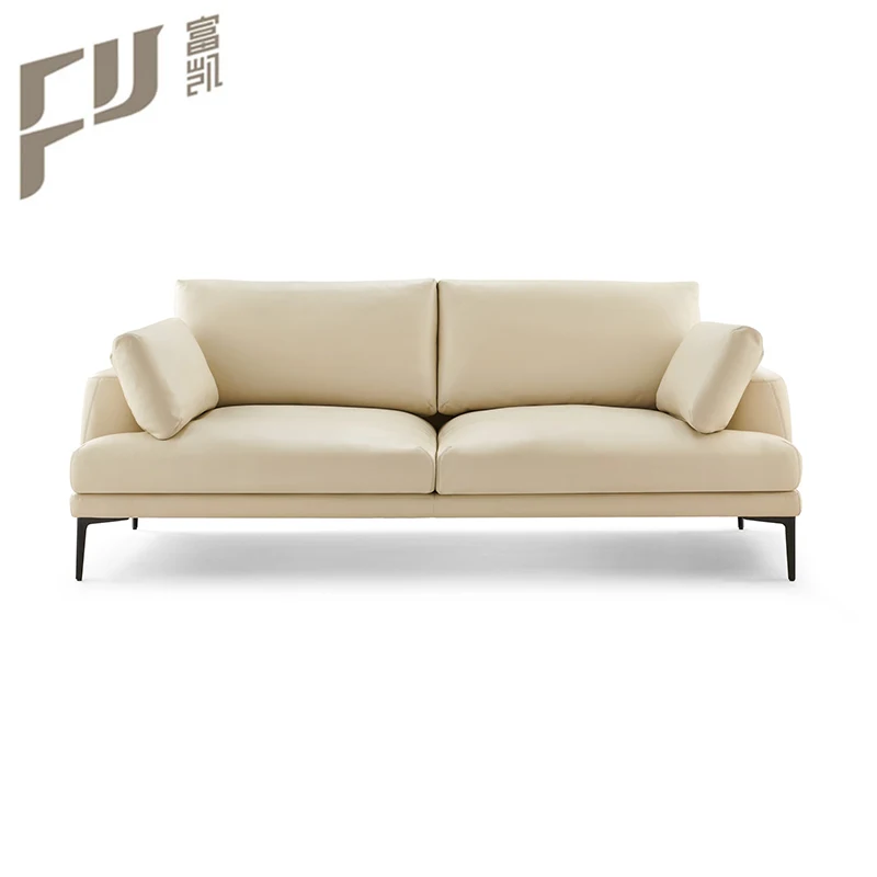Elegant white low armrests 3 seater genuine leather office sofa with chromed metal feet