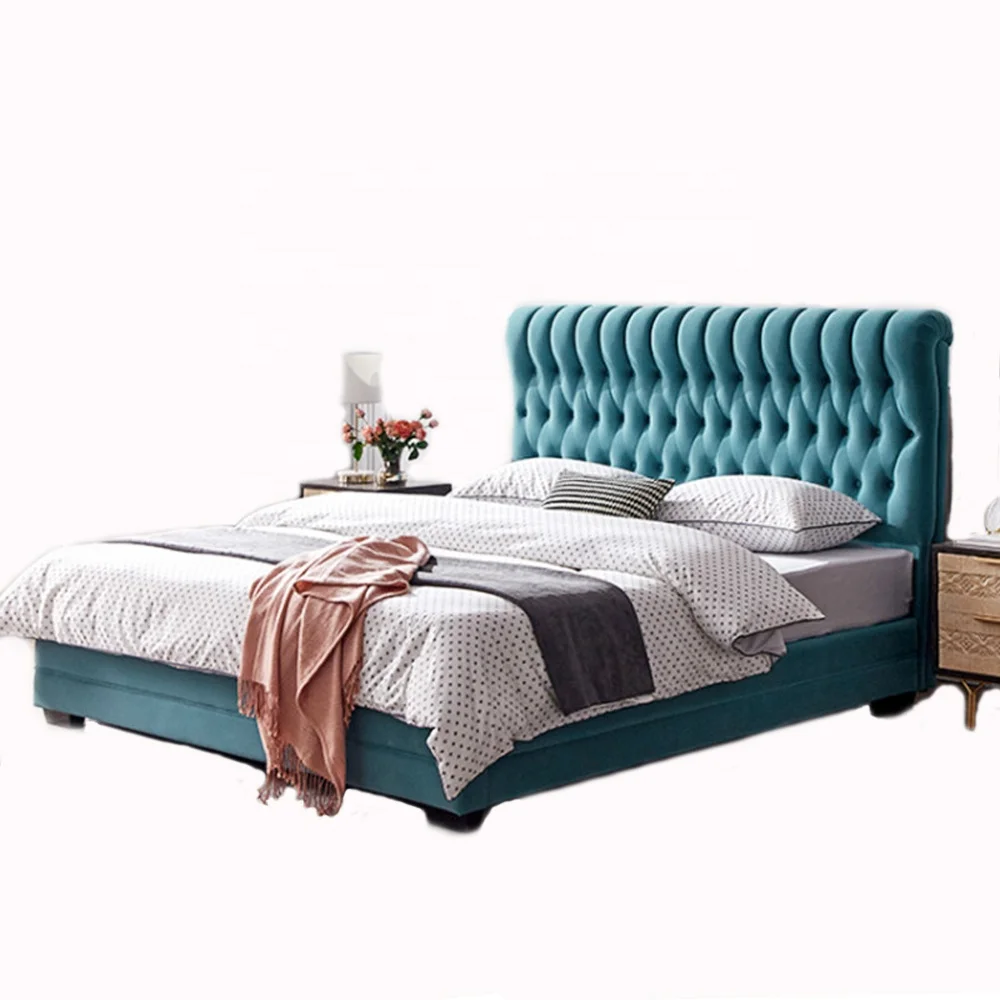 Luxury Velvet King Bed Upholstered Hotel Double Luxury Bed Customs Fabric Single/queen Bed Modern Carton Pine Wood