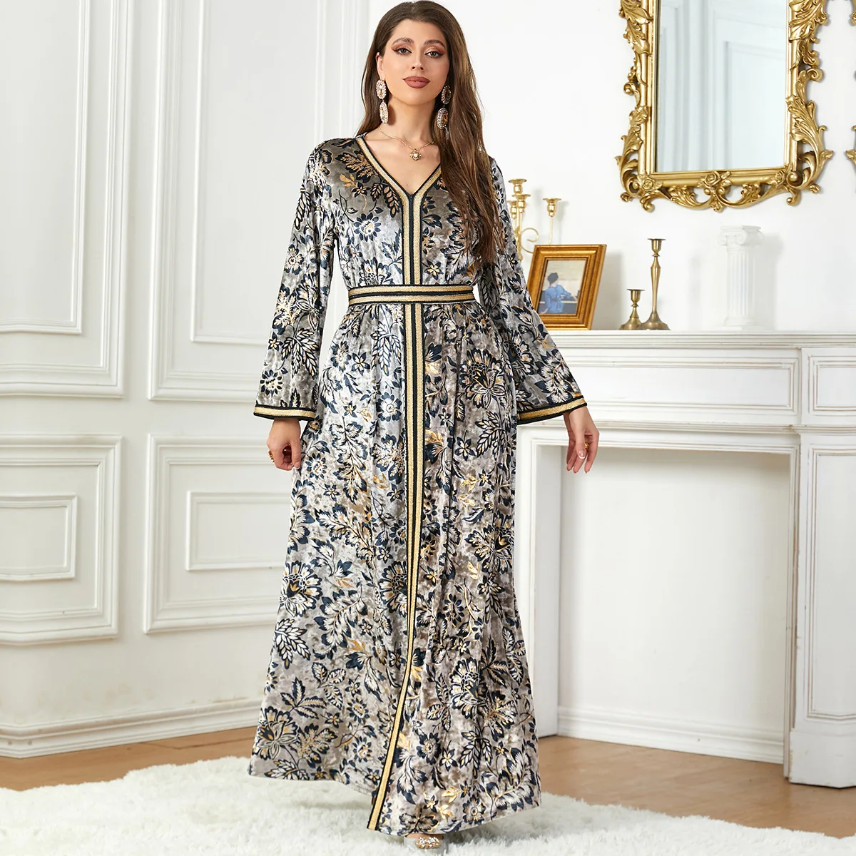 1719 Floral Velvet kaftan long dresses women Muslim Abayah traditional Arab Morocco ethnic Velvet dress Islamic clothing