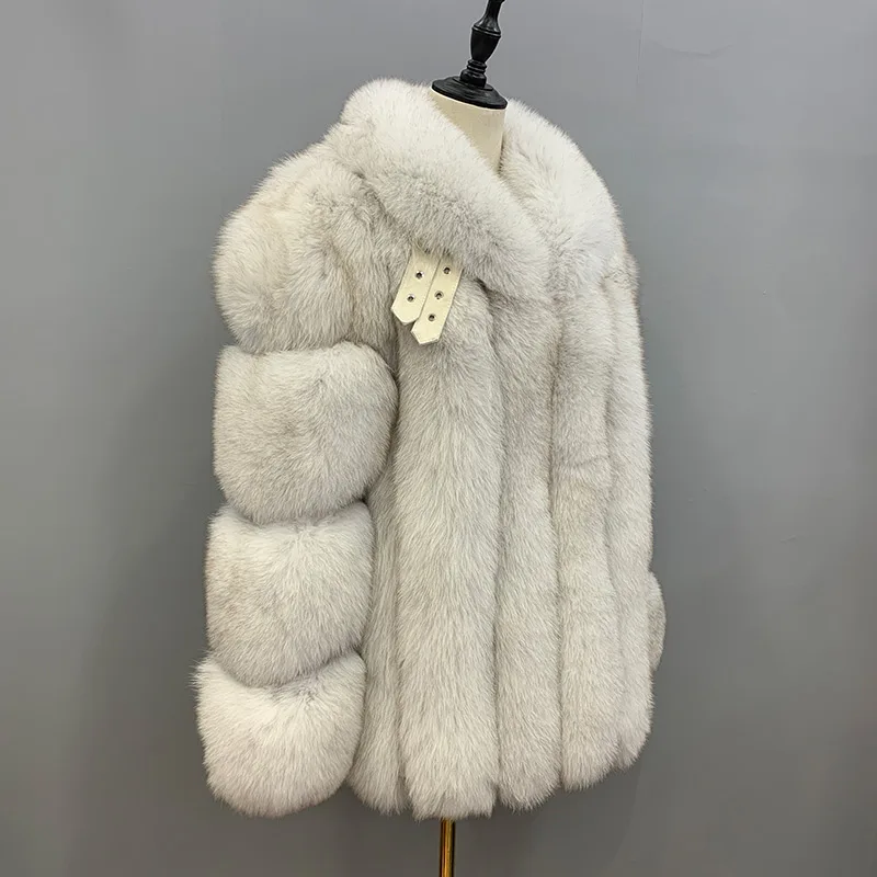 2022 New Arrivals High Quality Italian Classic Style Stand Collar Natural White Real Fox Fur Coat Women