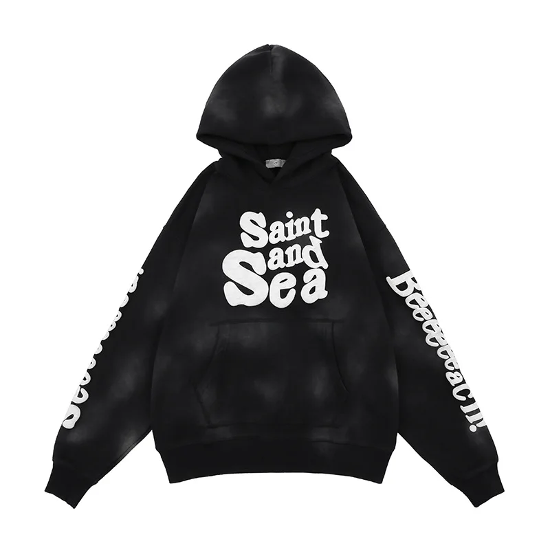 Autumn Retro Street Style Foam Letters Printed Spray Paint Washed Hooded Sweatshirt Puff Printing Hoodie