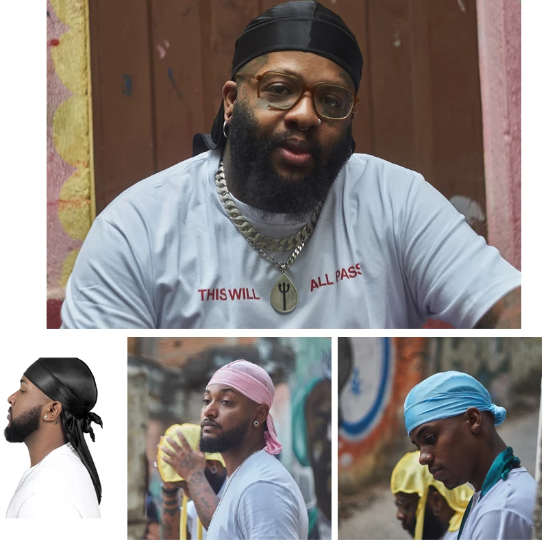 Wholesale Custom logo multicolor solid color long silky Satin durag hat for men