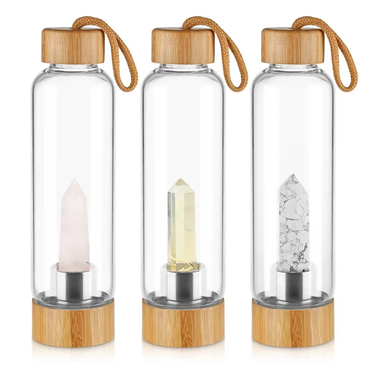 Wholesale Gemstone healing Bamboo cover crystal point wand water bottle healing glass quartz crystal cup
