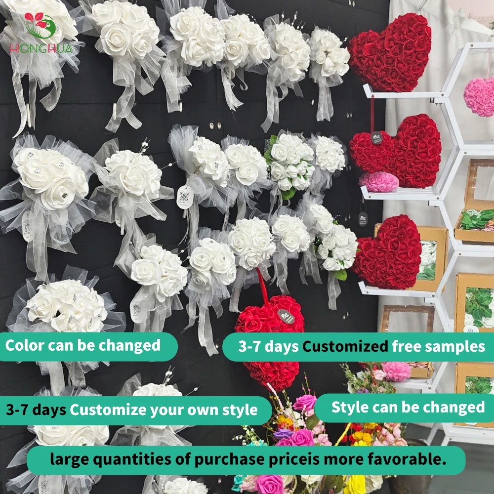 Honghua Factory Wholesale New Cheap Artificial Roses Bridal Handheld Bouquet Artificial Rose Bushes for Wedding Flowers