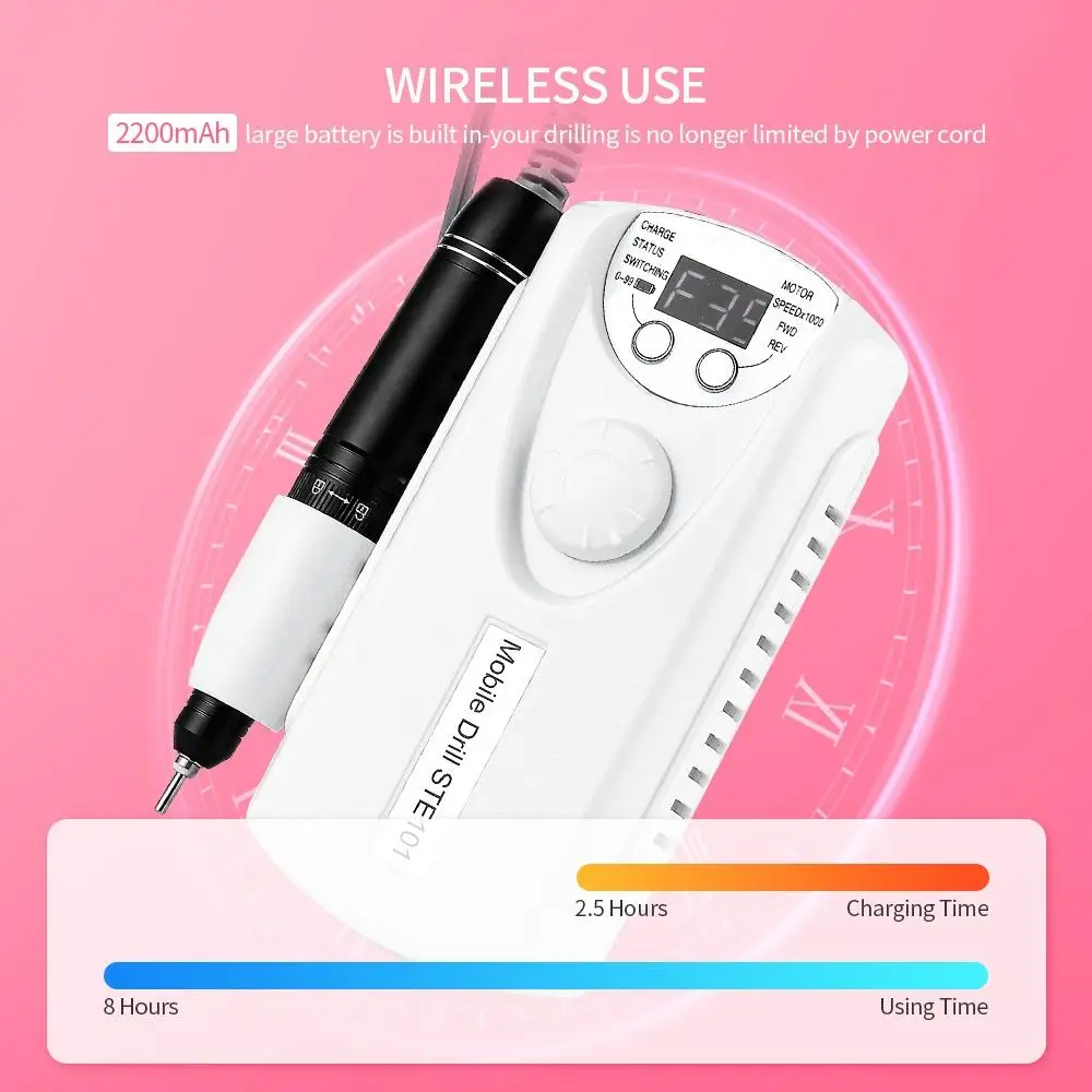 35000RPM Wireless Nail Drill Machine Portable LCD Nail Master 60W Manicure Pedicure Strong Polishing Nail Drill with Drill Bits