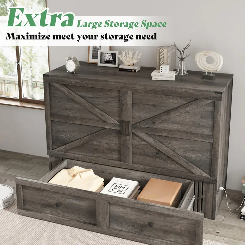 Kainice farmhouse murphy wall bed cabinet queen size solid wood bed with large storage drawers and charging station