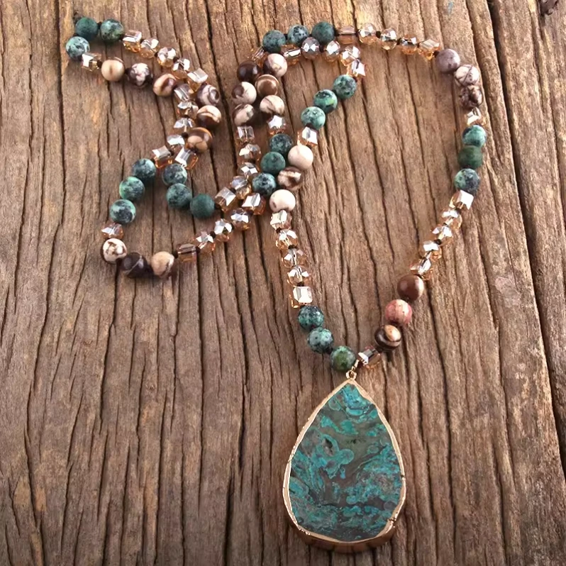 Fashion Boho Jewelry Women Bohemia 8mm Amazonite Crystal Glass Natural African Turquoise Stone Pendant Necklace