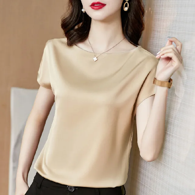 Office Lady Tops Summer Short Sleeve Blouses Satin Blouse Women Shirts Fashion Simple Solid Plus Size Loose Shirt Blusas