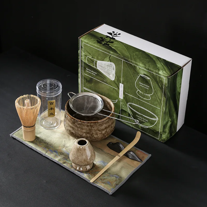 Ceramic Matcha Set with Filter Jat Pot Bamboo Whisk Stand Ceramic Bowl Cup Spoon Holder Kit Tools Gift Box